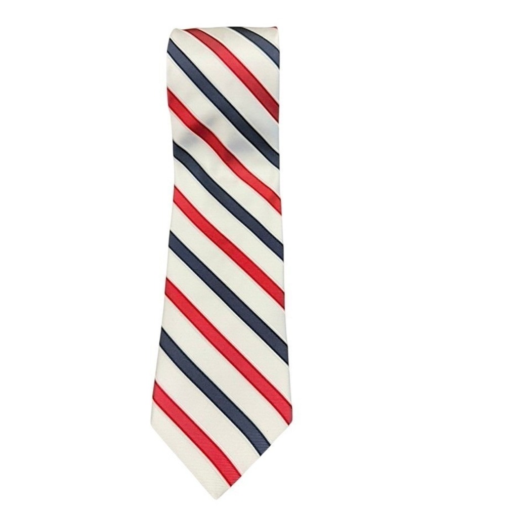 Don Loper Beverly Hills Mens Red White Navy Blue Striped 100%‎ Silk Necktie USA!